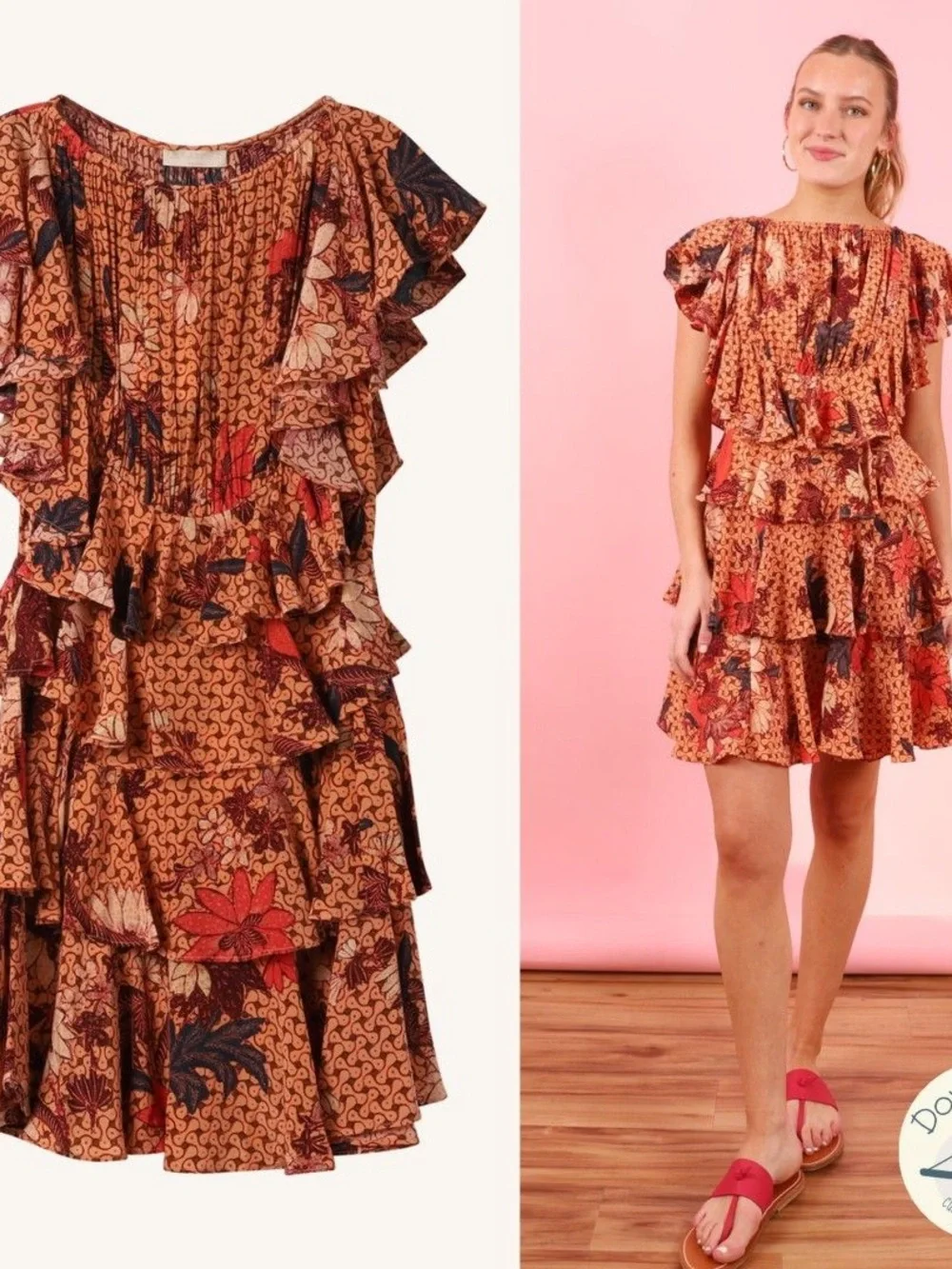 Ulla Johnson Orange Floral Mini Dress with Red & Black Accents